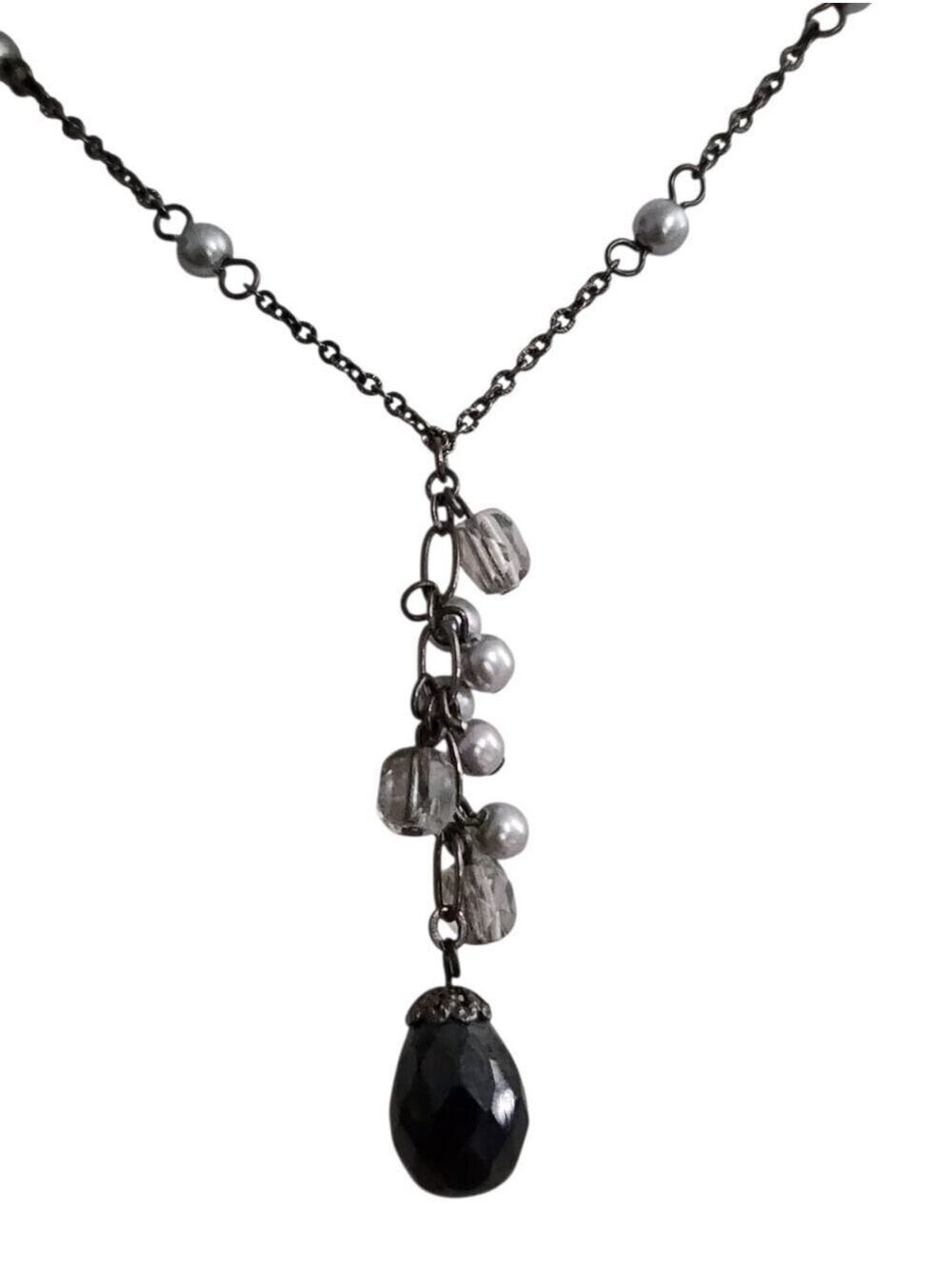 Silvertone Black Drop Pendant Necklace with Faux Pearls & Crystal Bead Accents